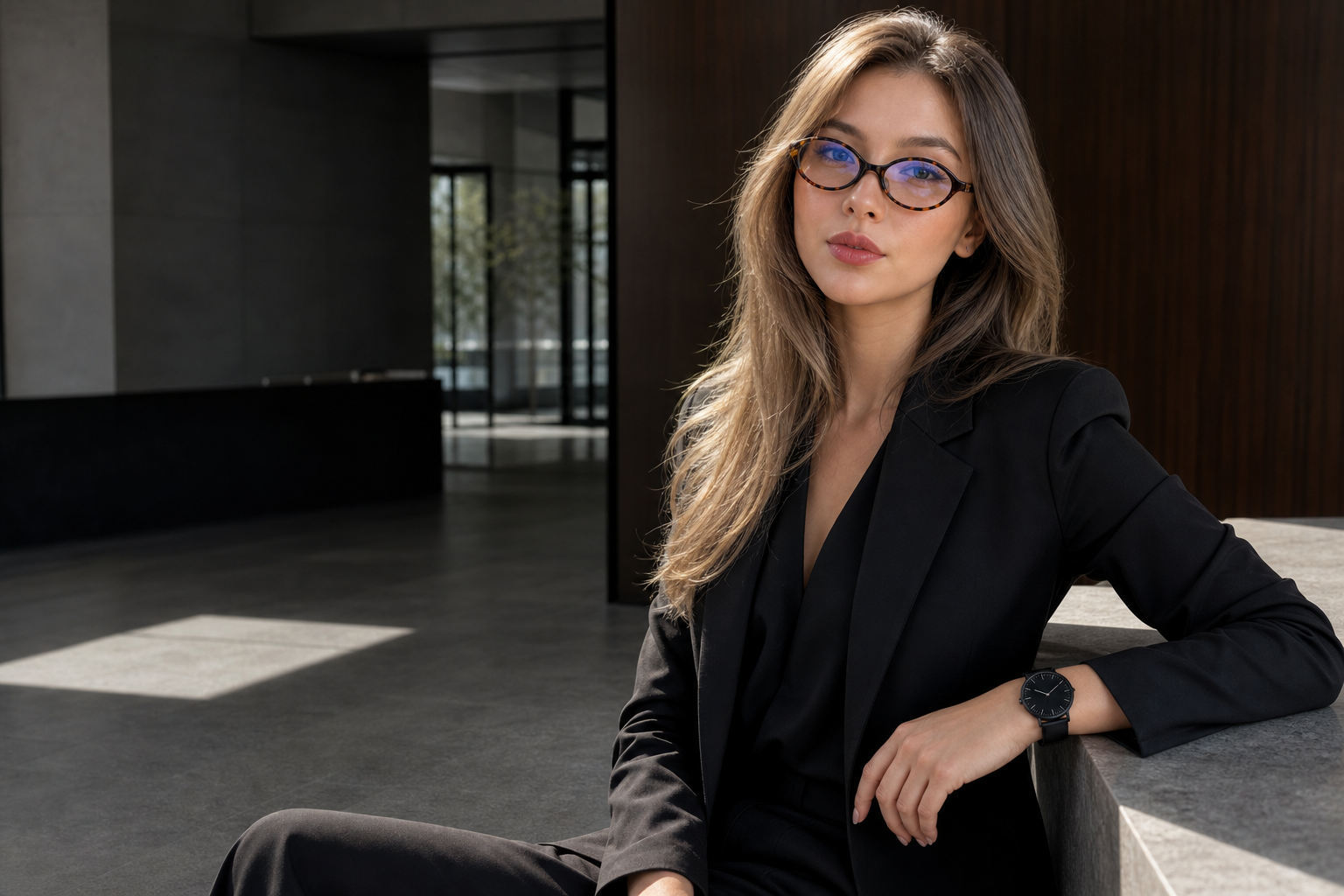 Mulher em ambiente executivo usando acessórios Verani Ferraro
